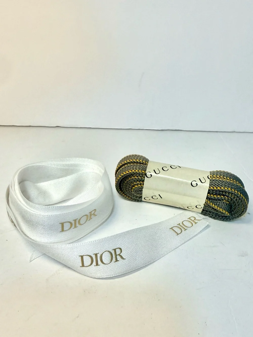 Dior White Satin Logo Ribbon with gucci shoe lace bundle